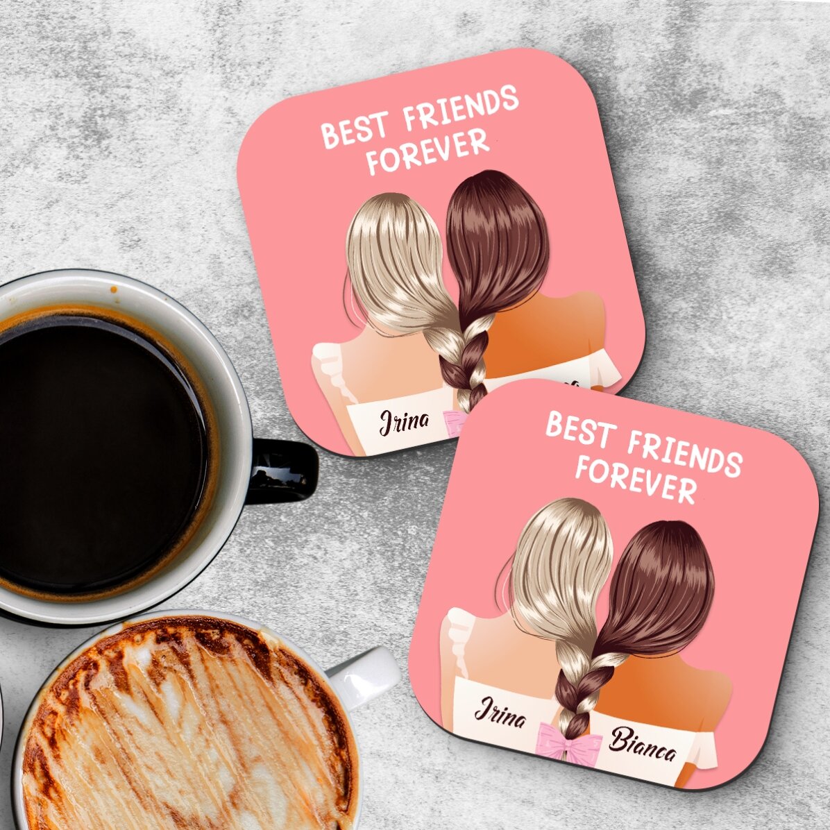 Set van 2 gepersonaliseerde onderzetters met tekst - Best friends