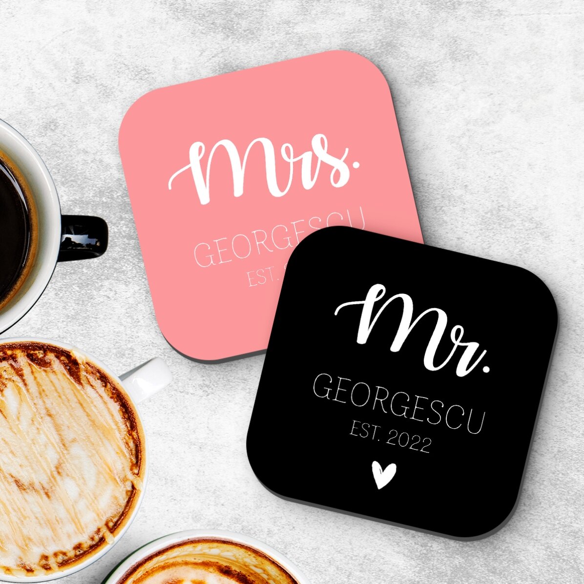 Set of 2 personalised coasters with text - Mrs and Mr