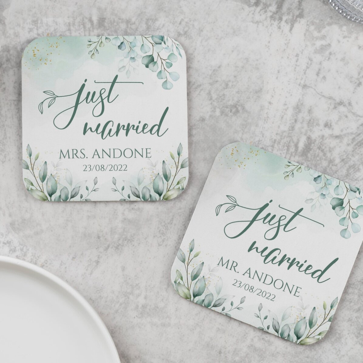 Set of 2 personalised glass holders with text - Just Married Elegance