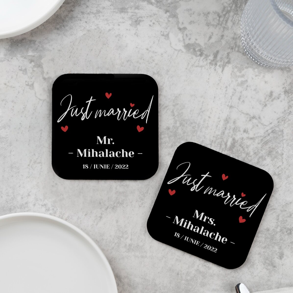 Set van 2 gepersonaliseerde glasonderzetters met tekst - Just Married