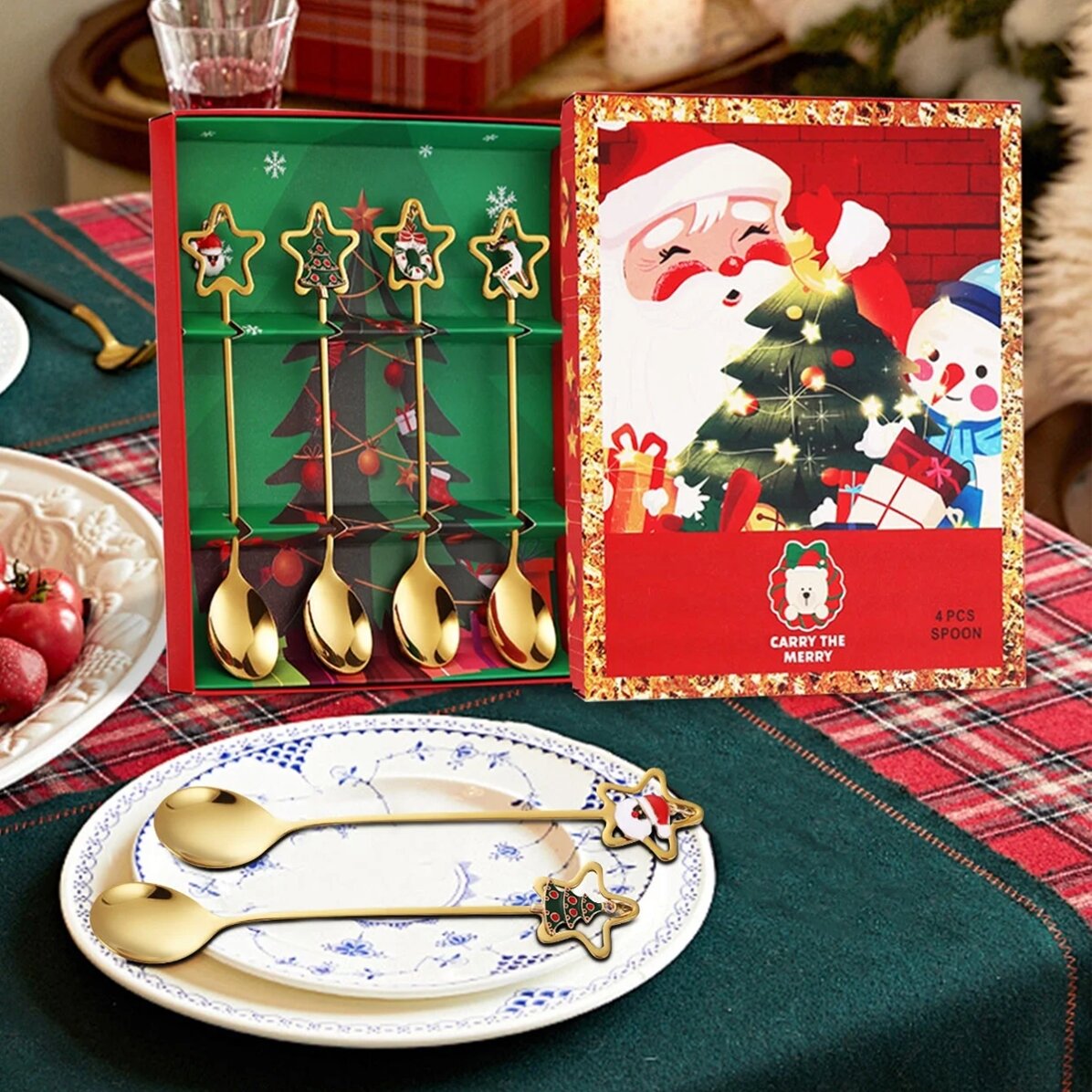 Gift set of 4 golden Christmas spoons