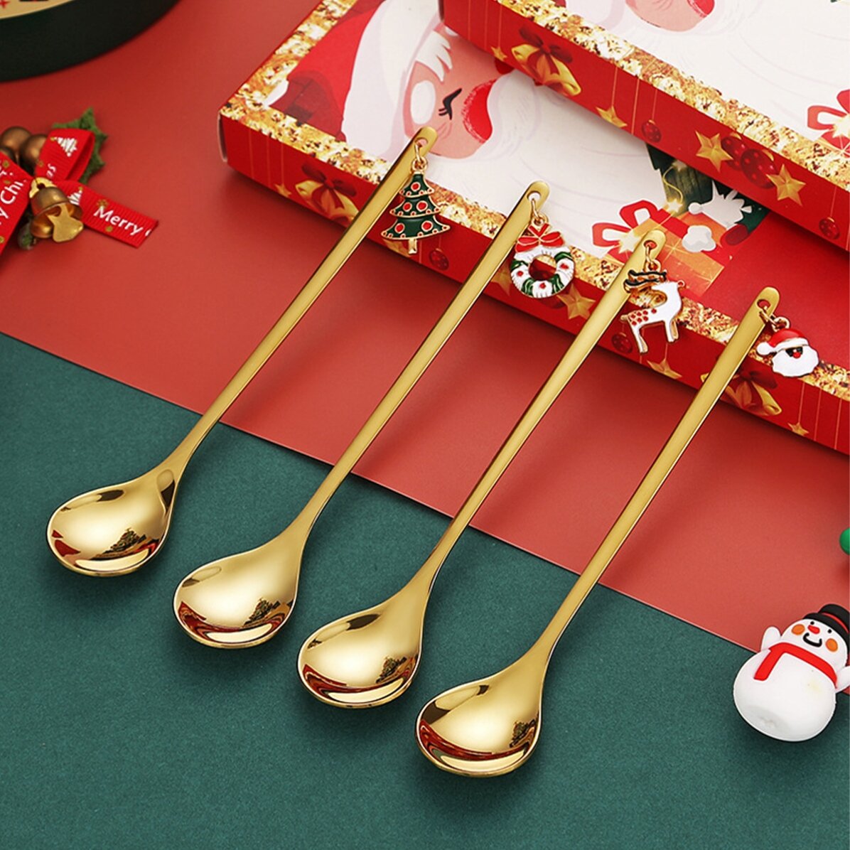 Gift set of 4 golden Christmas spoons