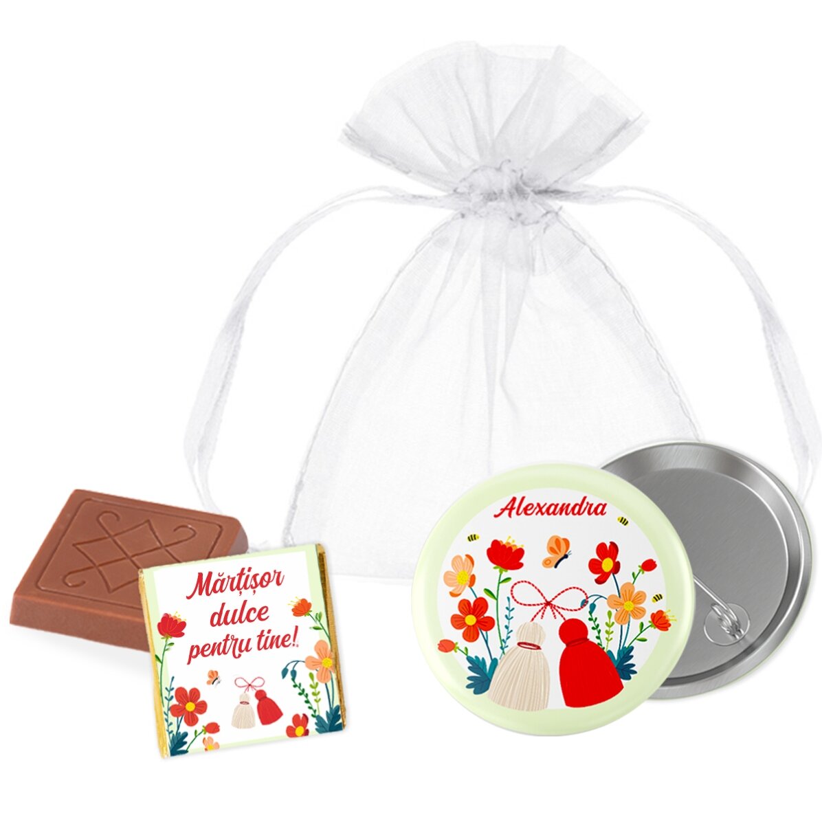 Martisor-cadeauset met minichocolade en een gepersonaliseerd speldje met naam