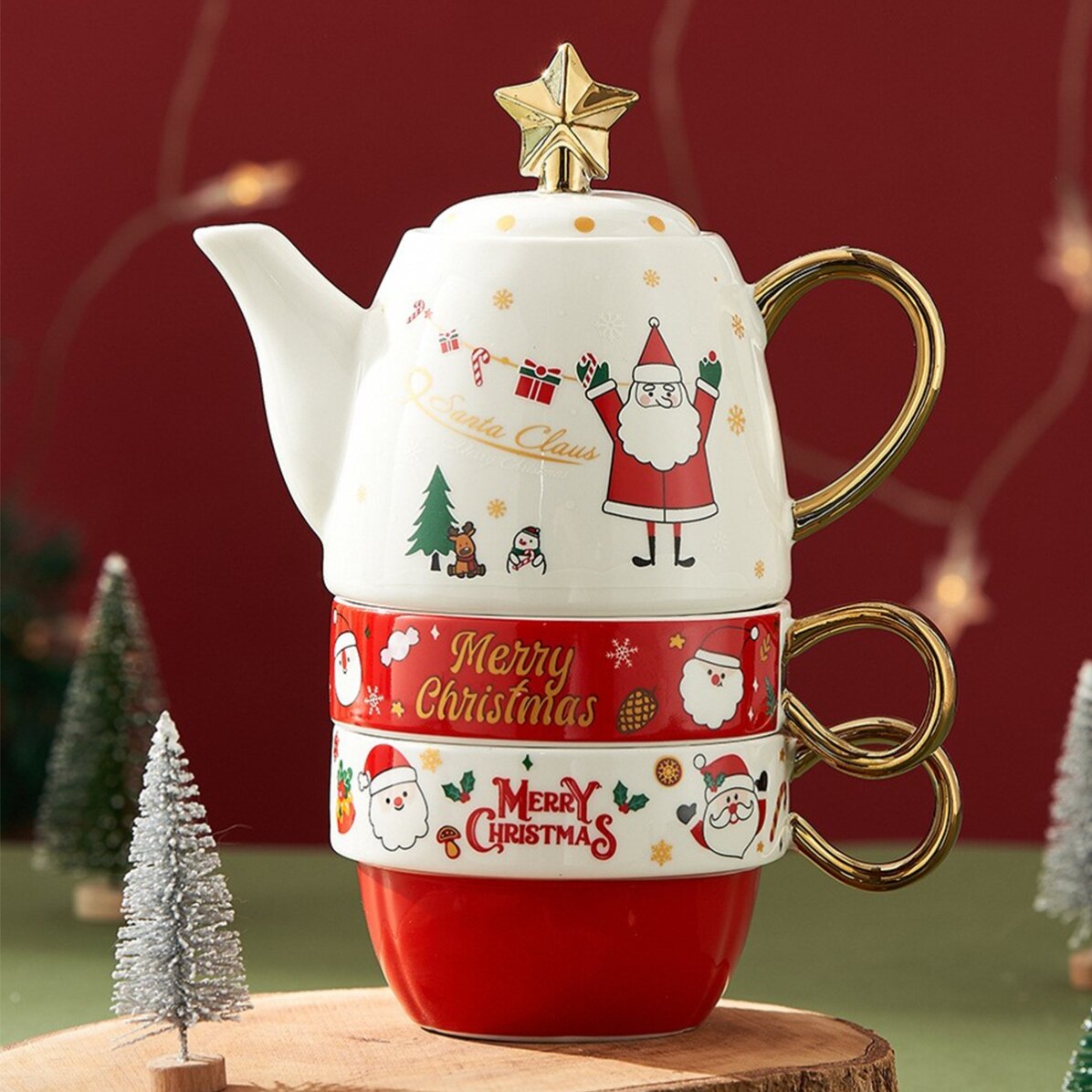 Kerstcadeauset met 2 mokken en een theepot