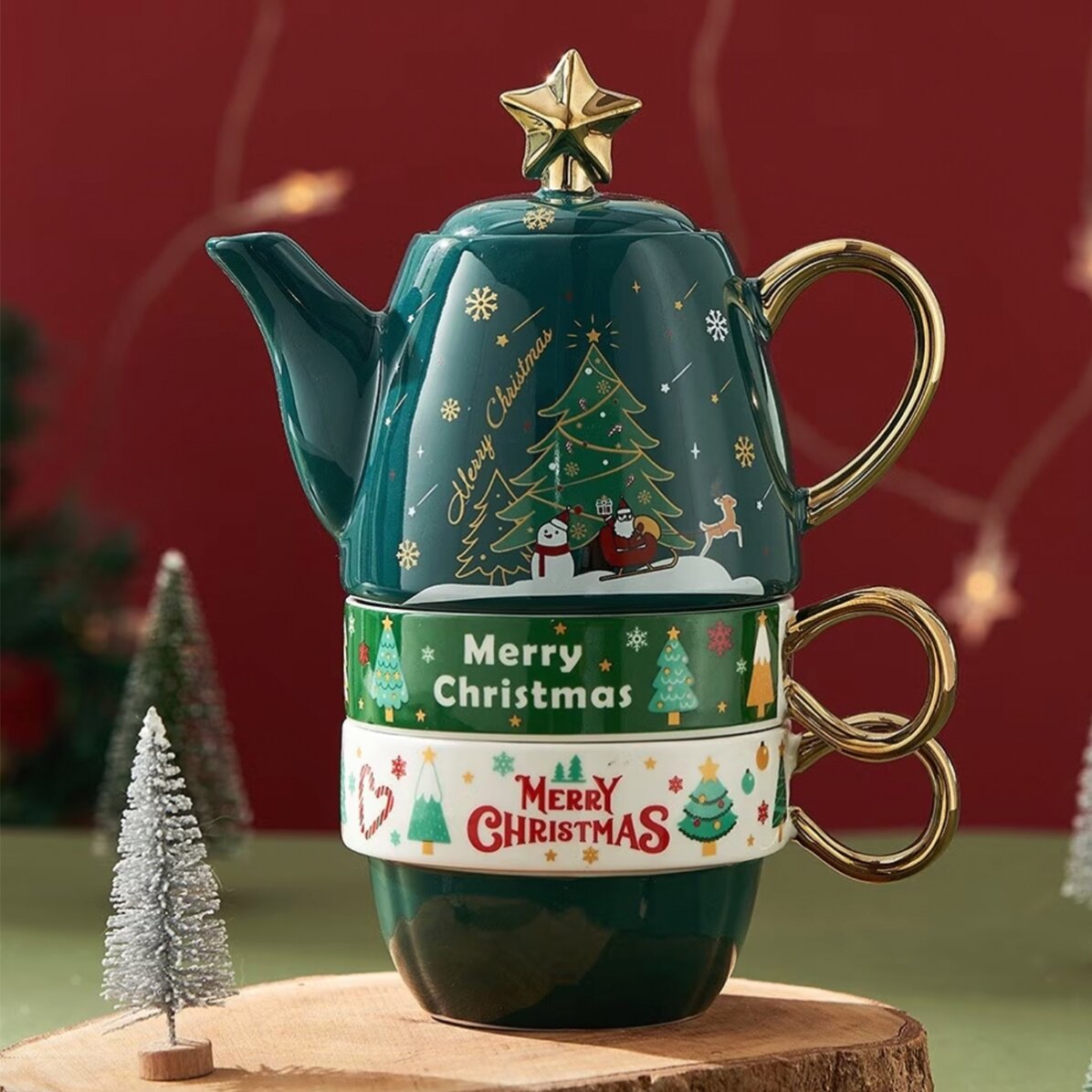 Kerstcadeauset met 2 mokken en een theepot