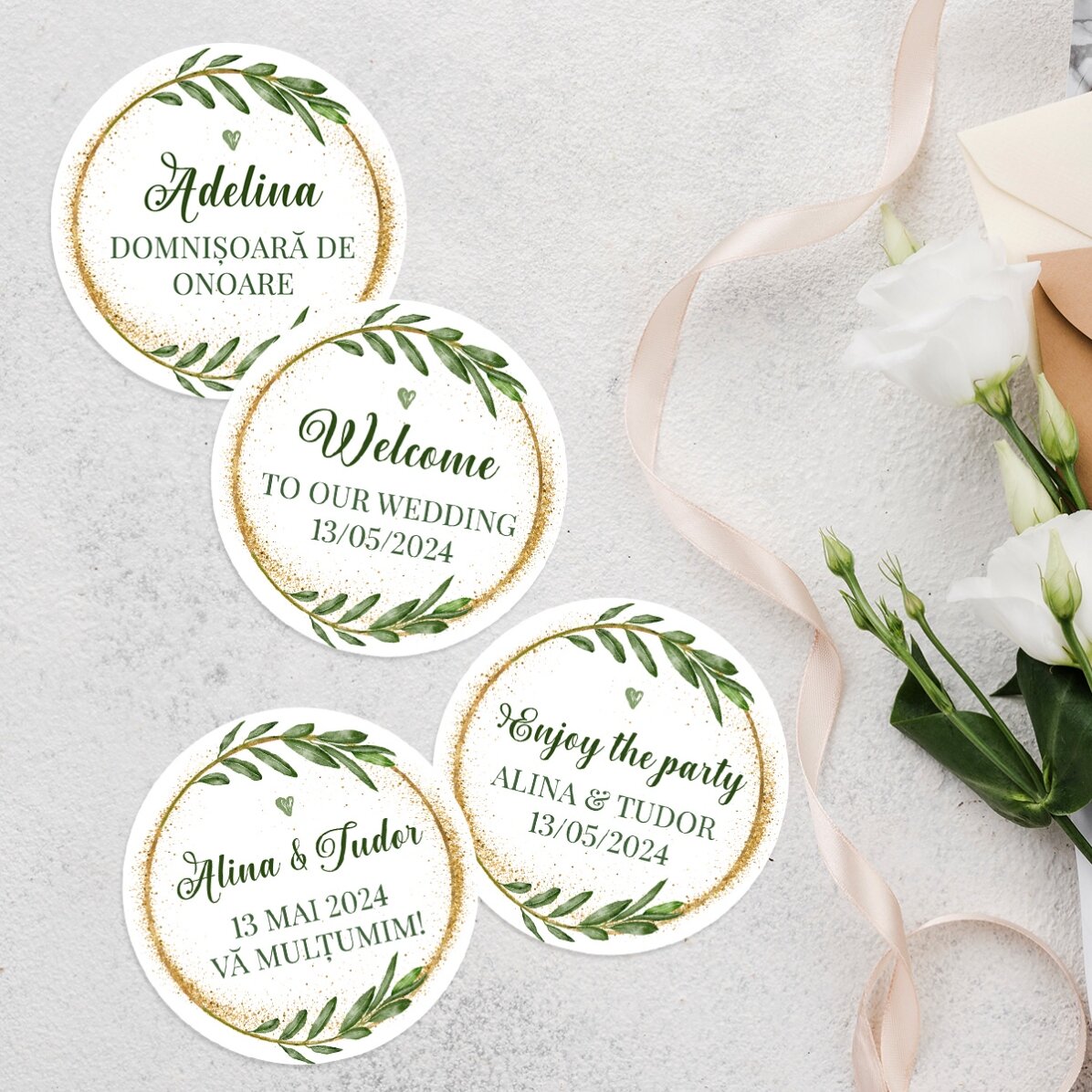 Set van 12 stickers (zelfklevende etiketten) met ronde, gepersonaliseerde bedankjes met een boodscha