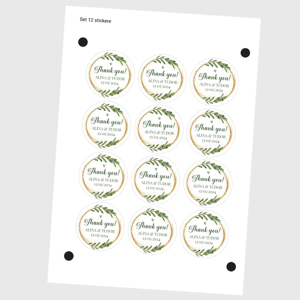 Set van 12 stickers (zelfklevende etiketten) met ronde, gepersonaliseerde bedankjes met een boodscha