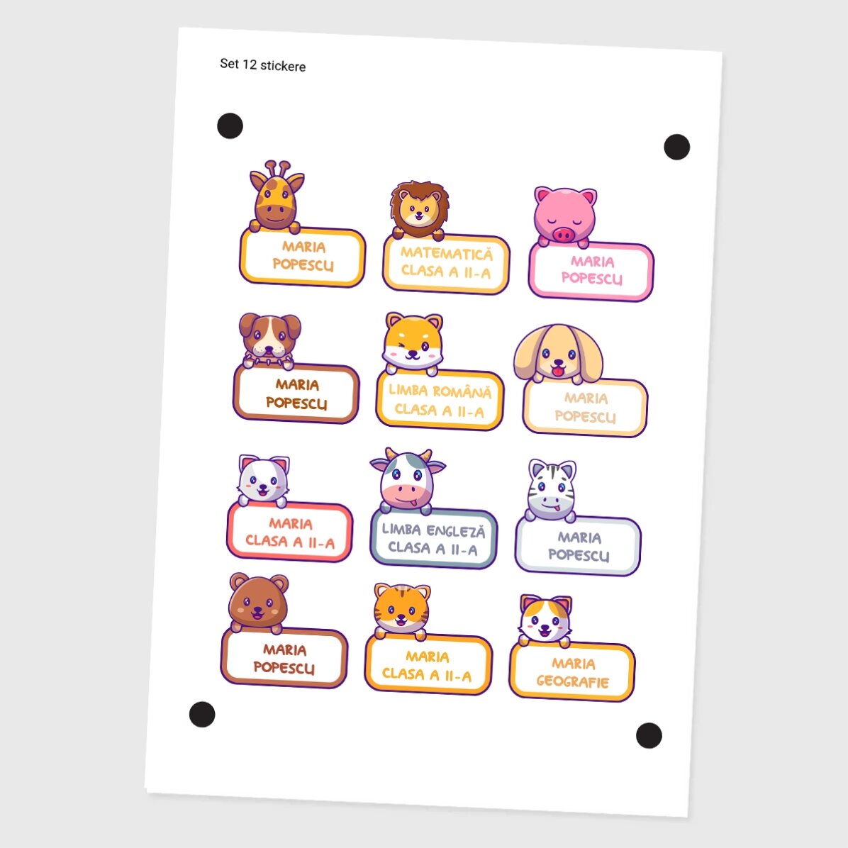 Set van 12 gepersonaliseerde stickers (zelfklevende etiketten) voor school - Beestjes