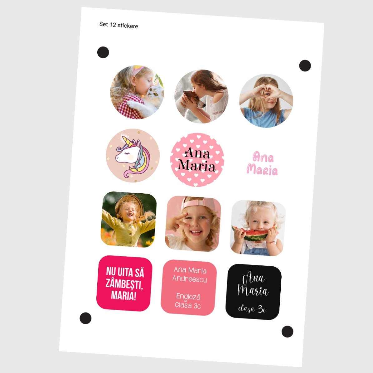 Set van 12 gepersonaliseerde stickers (zelfklevende etiketten) voor school
