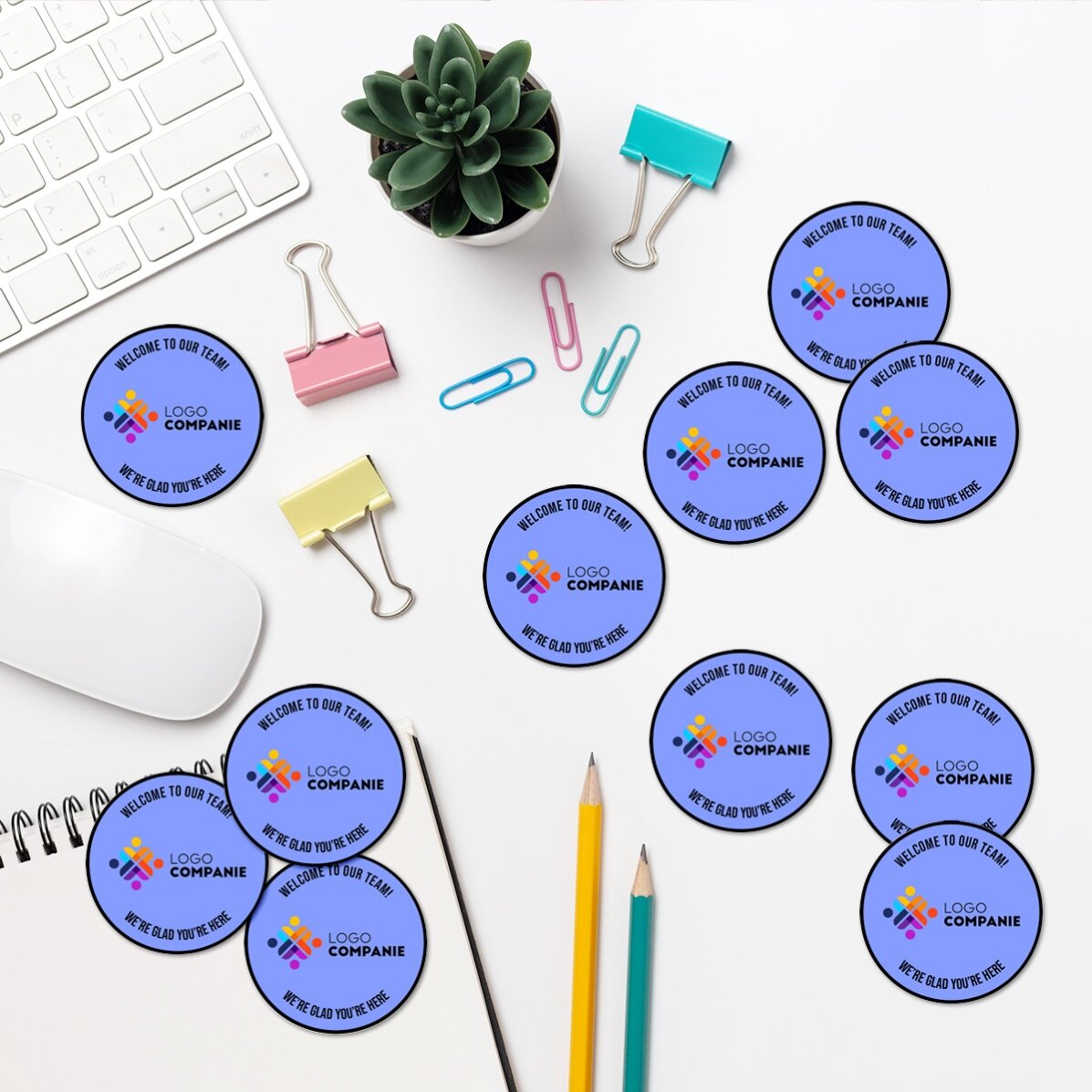 Set of 12 round stickers (self-adhesive labels), diameter 5 cm, customised with logo and text