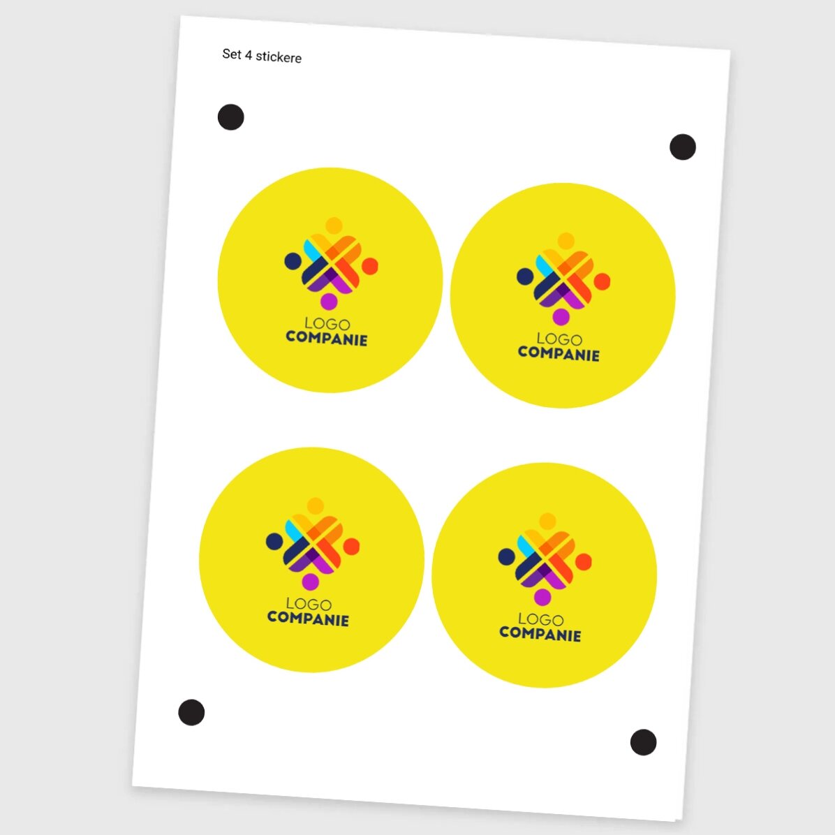 Set van 4 ronde stickers (zelfklevende etiketten) met een diameter van 8,5 cm, voorzien van een logo
