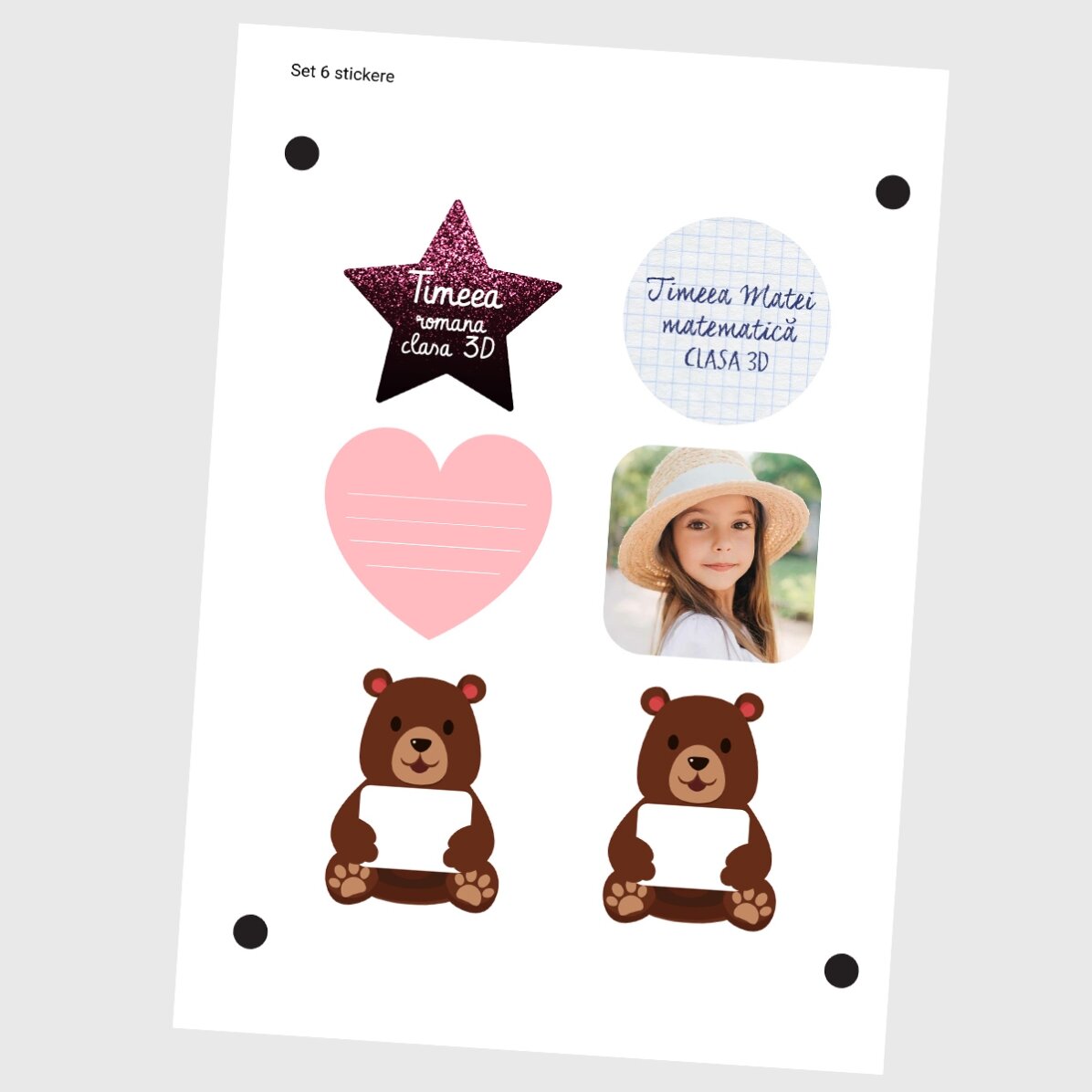 Set van 6 gepersonaliseerde stickers (zelfklevende etiketten) voor school - Cute
