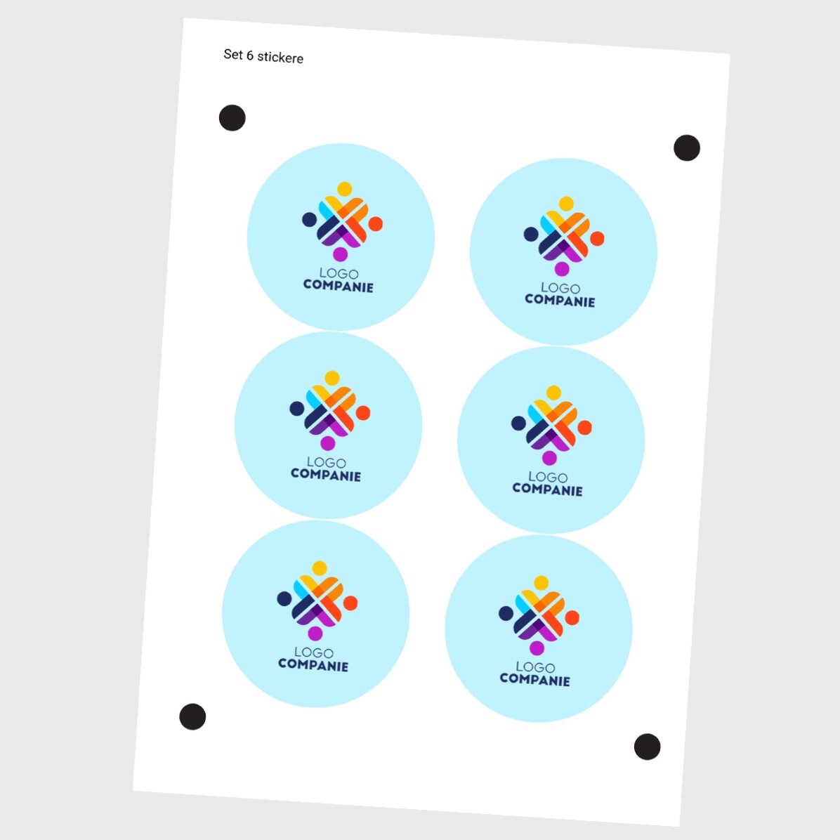 Set van 6 ronde stickers (zelfklevende etiketten) met een diameter van 7 cm, bedrukt met logo