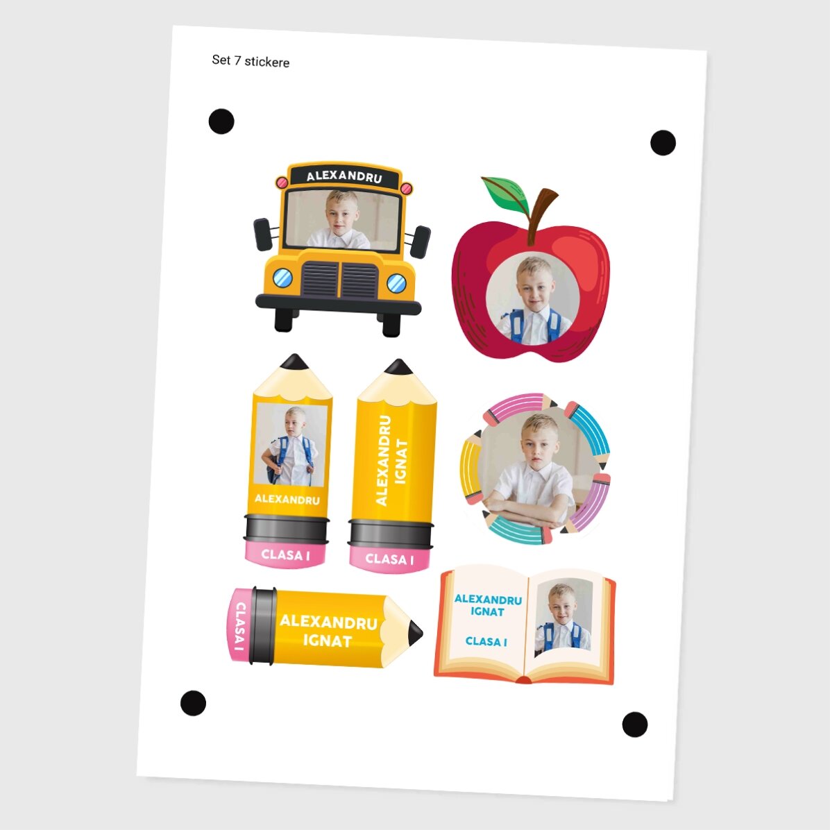 Set van 7 gepersonaliseerde stickers (zelfklevende etiketten) voor school met 5 afbeeldingen en teks