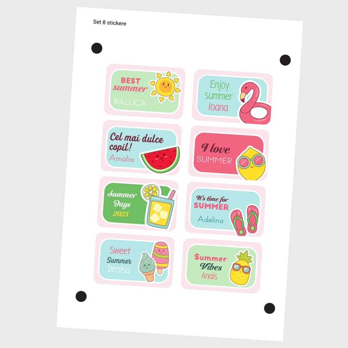 Set van 8 gepersonaliseerde stickers (zelfklevende etiketten) met tekst - Summer