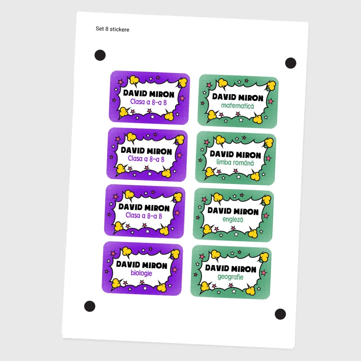 Set of 8 customised stickers (self-adhesive labels) for school - Comics