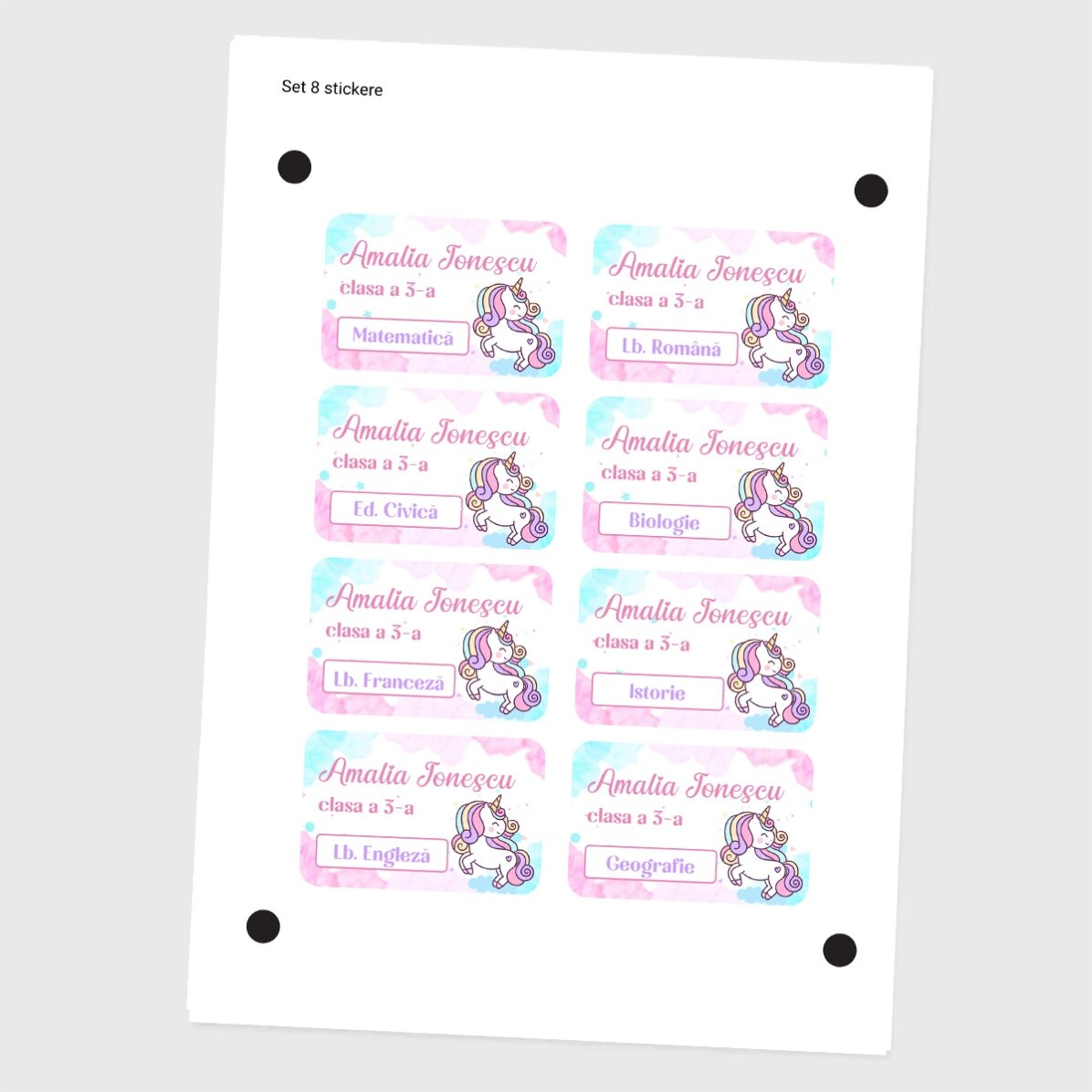 Set van 8 gepersonaliseerde stickers (zelfklevende etiketten) voor school - Eenhoorn