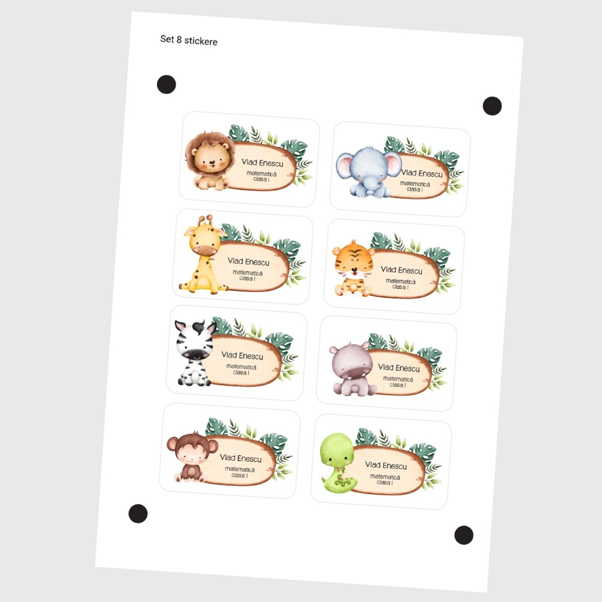 Set van 8 gepersonaliseerde stickers (zelfklevende etiketten) voor school met tekst - Dierentjes
