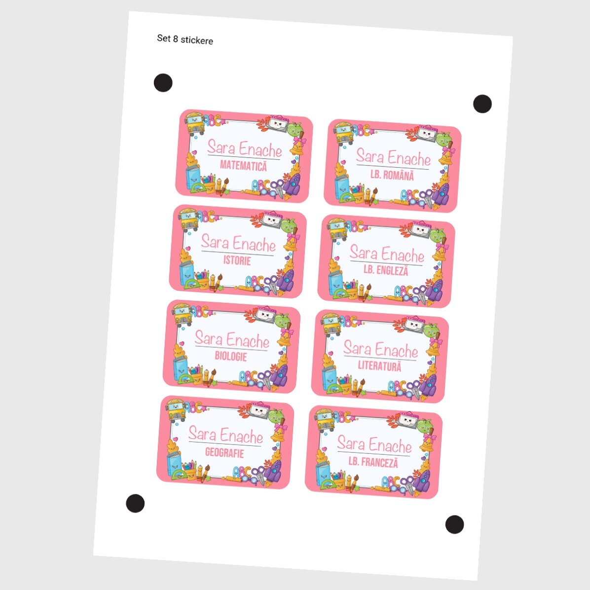 Set van 8 gepersonaliseerde stickers (zelfklevende etiketten) voor school met de tekst 