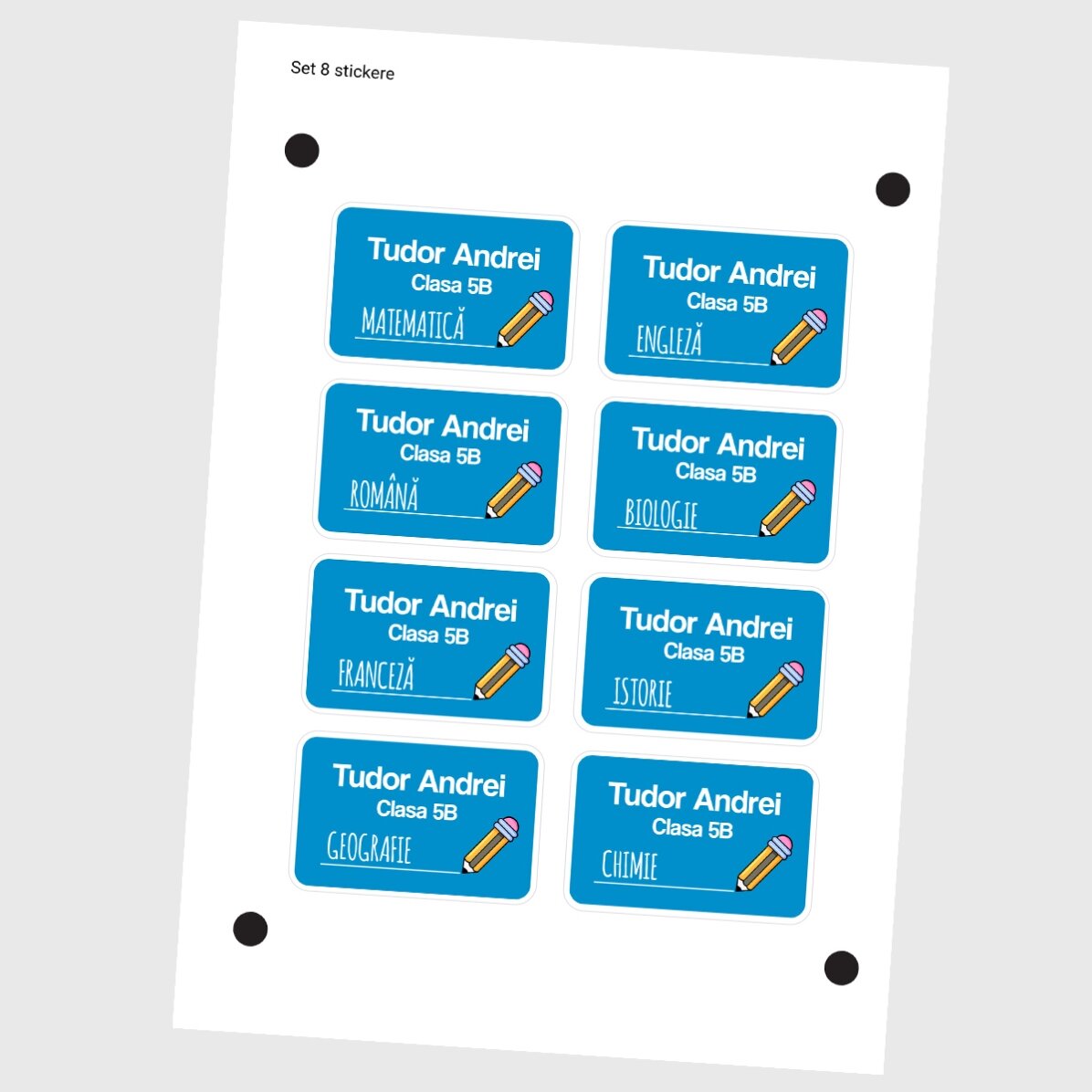 Set van 8 gepersonaliseerde stickers (zelfklevende etiketten) voor school met tekst - gekleurde acht