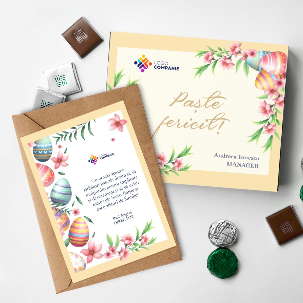 Gepersonaliseerde set met logo – doosje snoepjes en kaartje – Fijne Pasen!