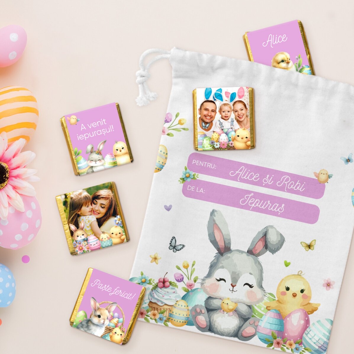 Gepersonaliseerde set – zakje en 5 minichocolade – Van het paashaasje