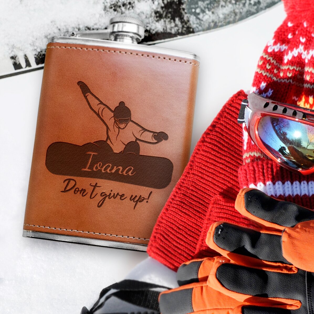 Zakflesje met leren hoesje, gepersonaliseerd met naam en boodschap - Snowboard