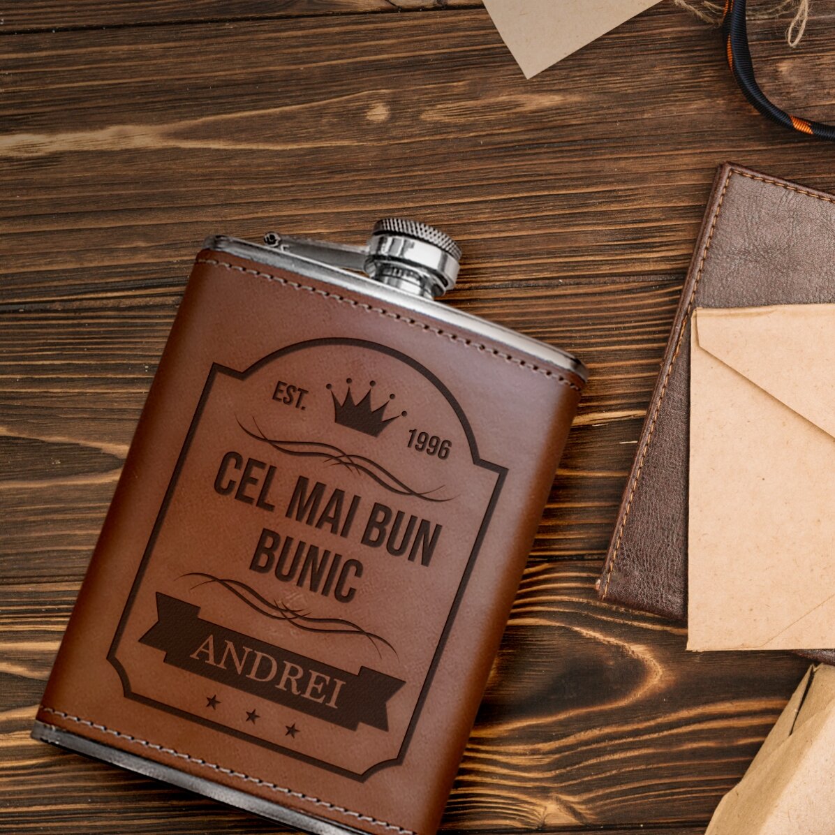 Pocket flask covered in leather and personalised with text - The best