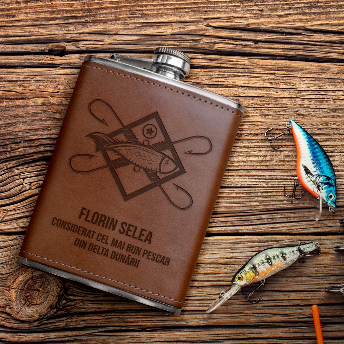Pocket flask covered in leather, personalised with text for fishermen