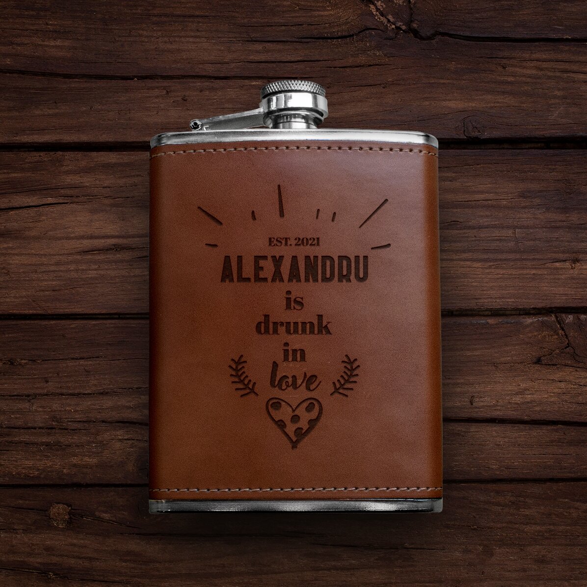 Gepersonaliseerde, met leer beklede zakfles - Drunk in love