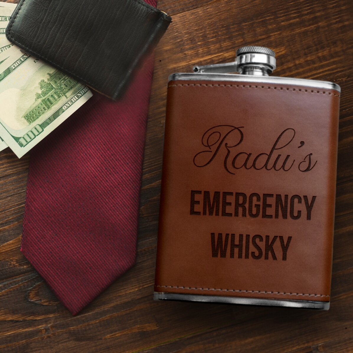 Gepersonaliseerde, met leer beklede zakfles - Emergency Tequila