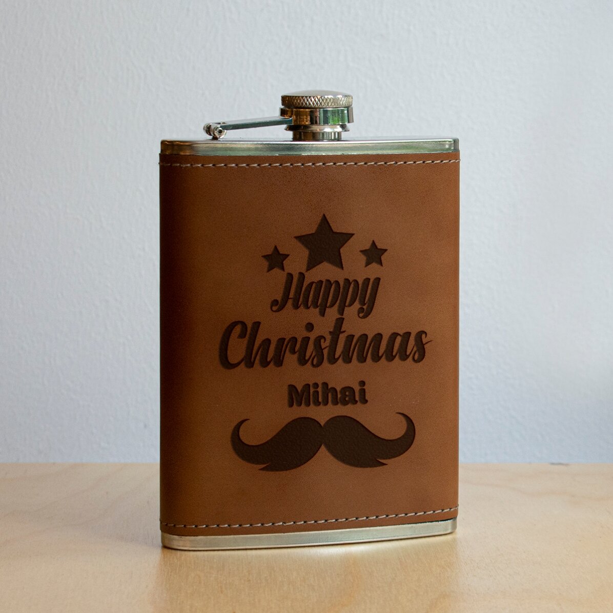 Personalised leather-covered pocket flask - Happy Christmas