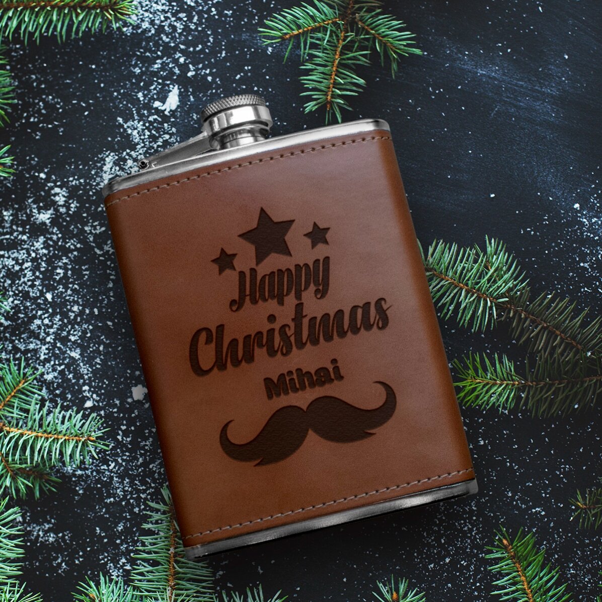 Personalised leather-covered pocket flask - Happy Christmas