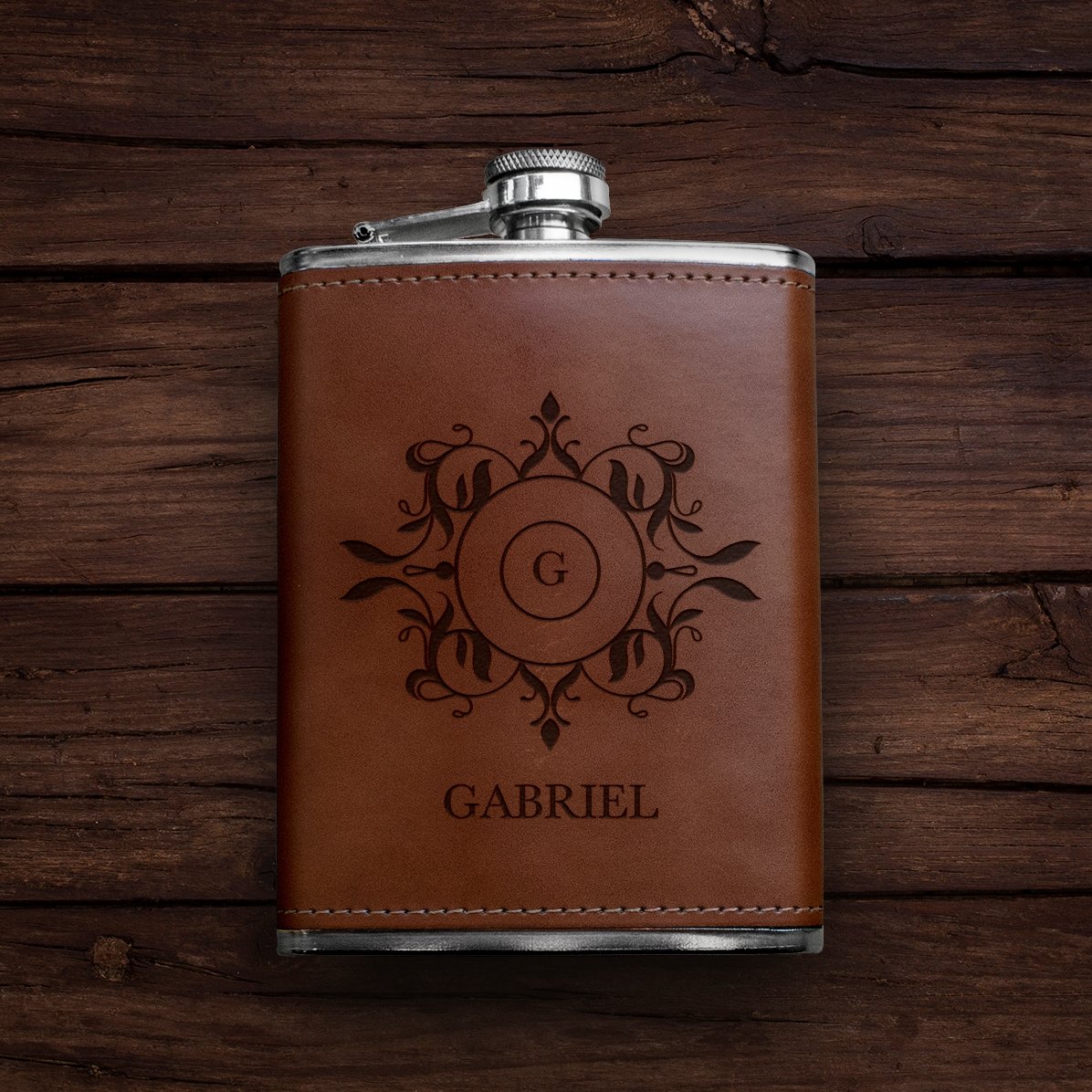 Gepersonaliseerde zakfles met lederen hoes - Monogram