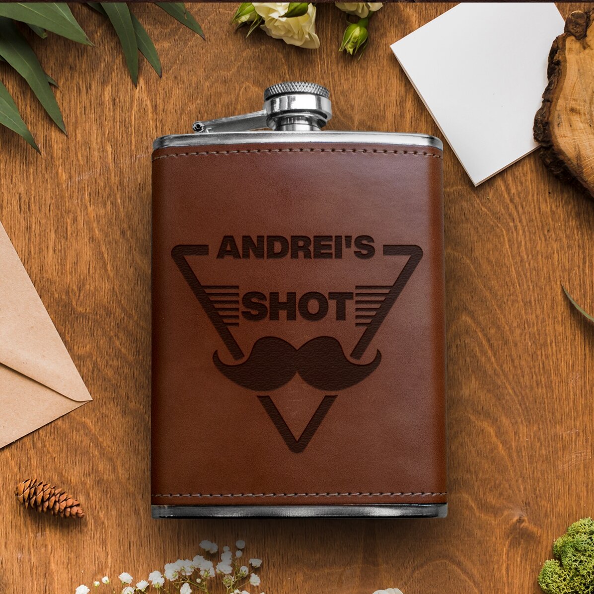 Gepersonaliseerde, met leer beklede zakfles - Shot