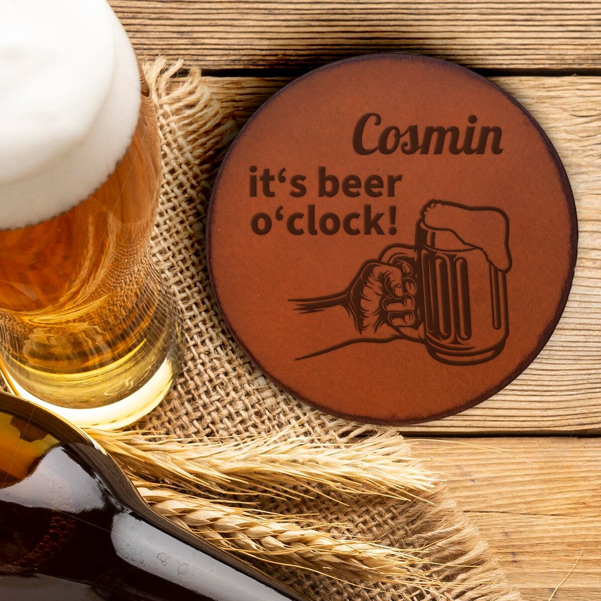 Lederen bierglashouder met gepersonaliseerde tekst - It
