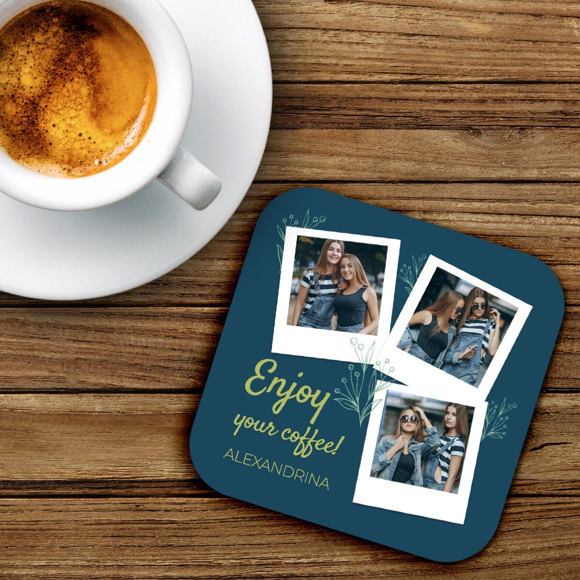 Personalised cup holder with 3 photos and text - Enjoy your coffee