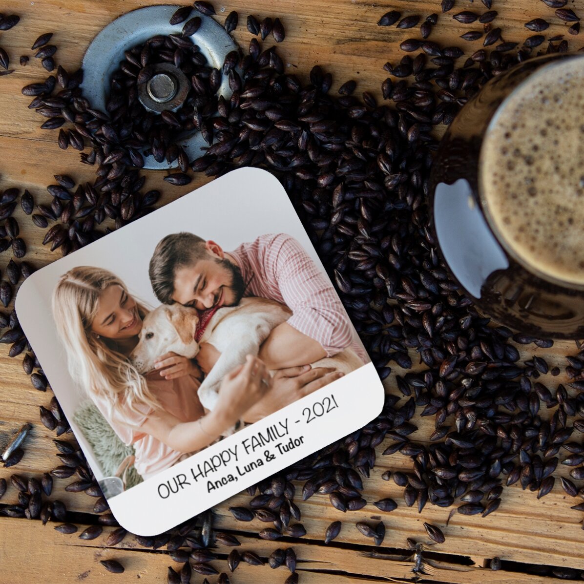 Personalised cup holder with a photo and text