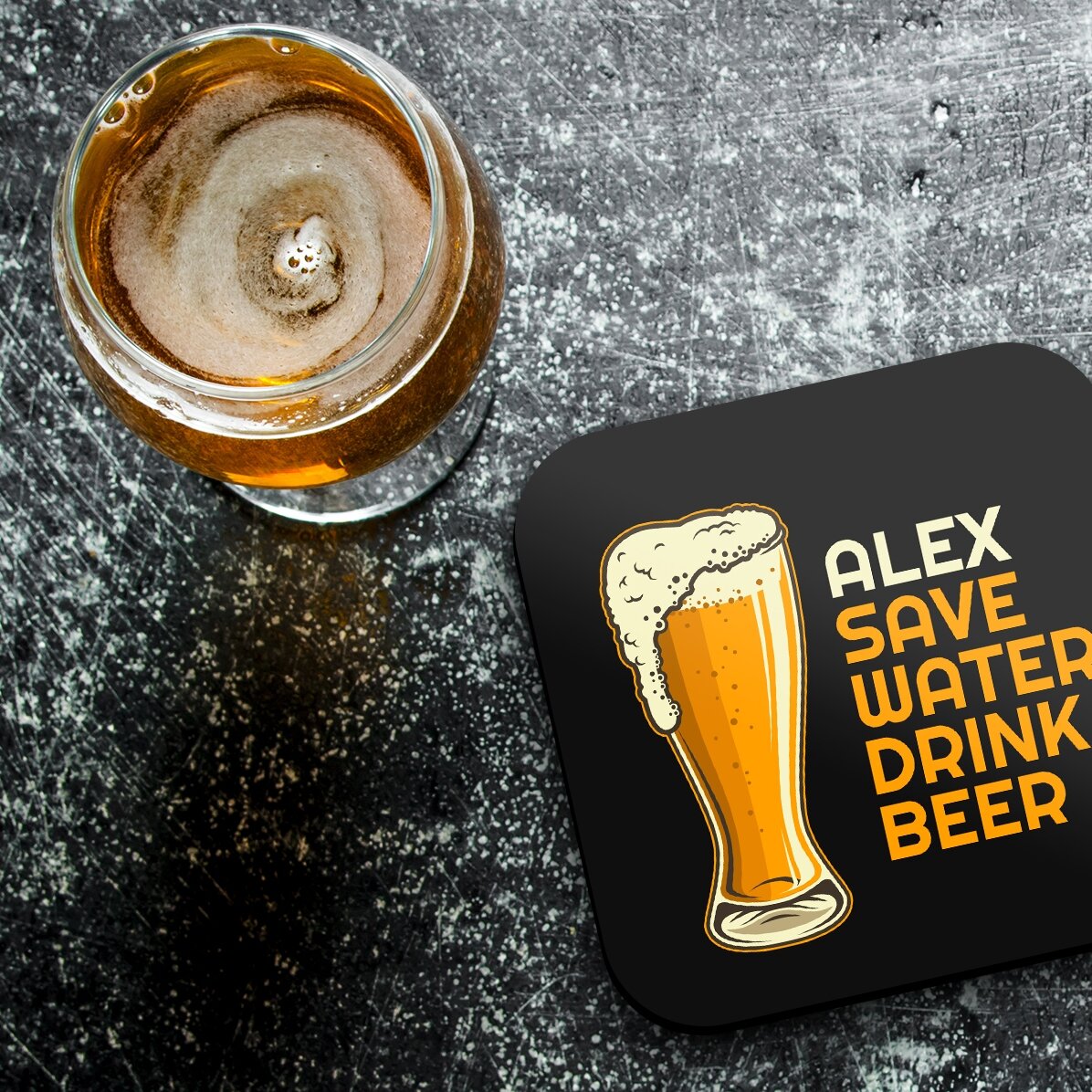 Personalised glass coaster with text - Save water, drink beer