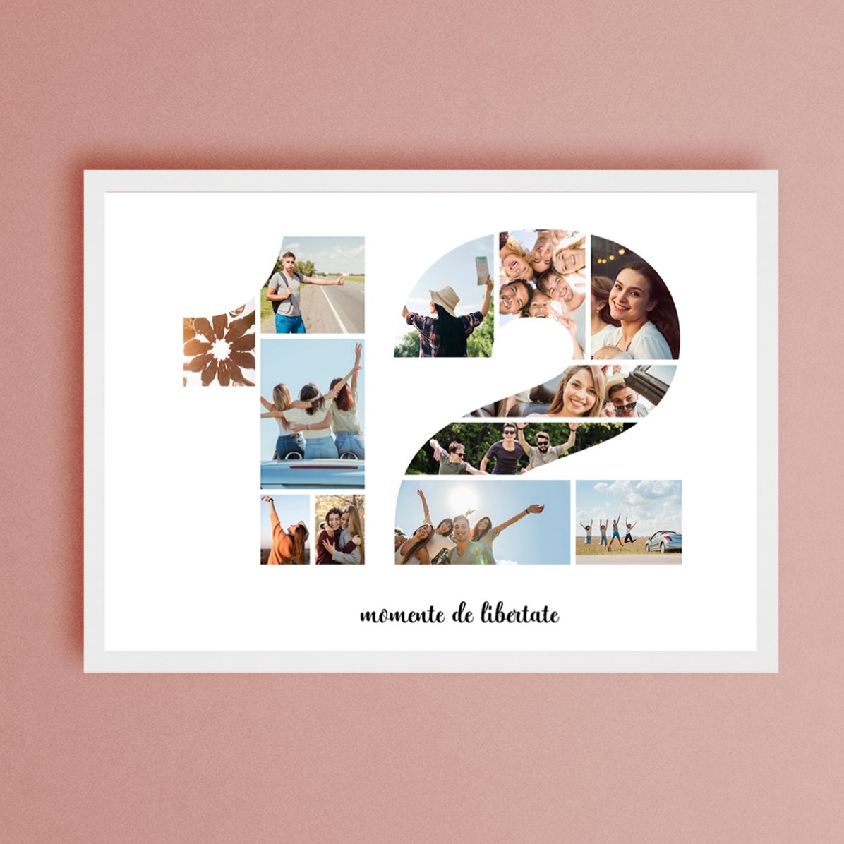 Personalised landscape canvas with 12 photos, model number 12 and text message