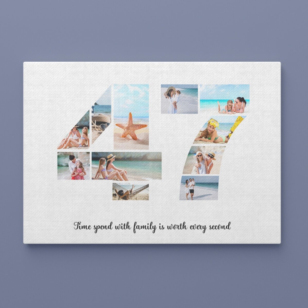 Personalised landscape canvas with 11 photos, model number 47, and text message