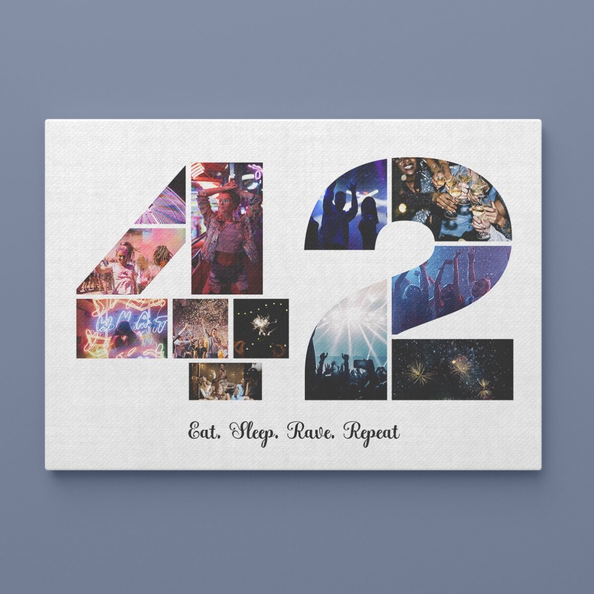 Personalised landscape canvas with 12 photos, model number 42, and text message