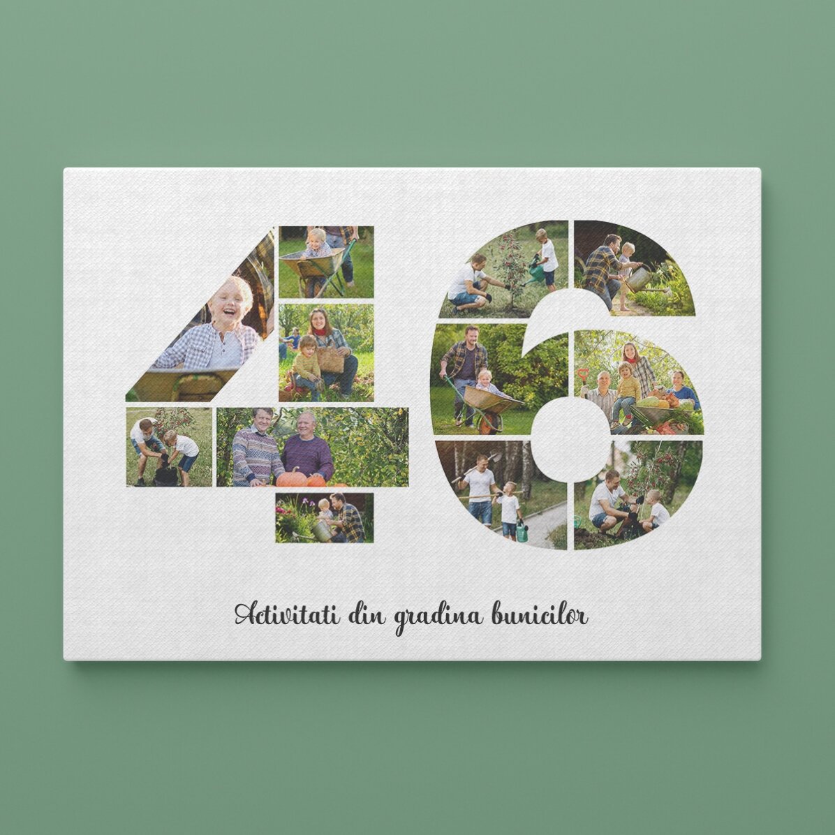 Personalised landscape canvas with 12 photos, model number 46, and text message