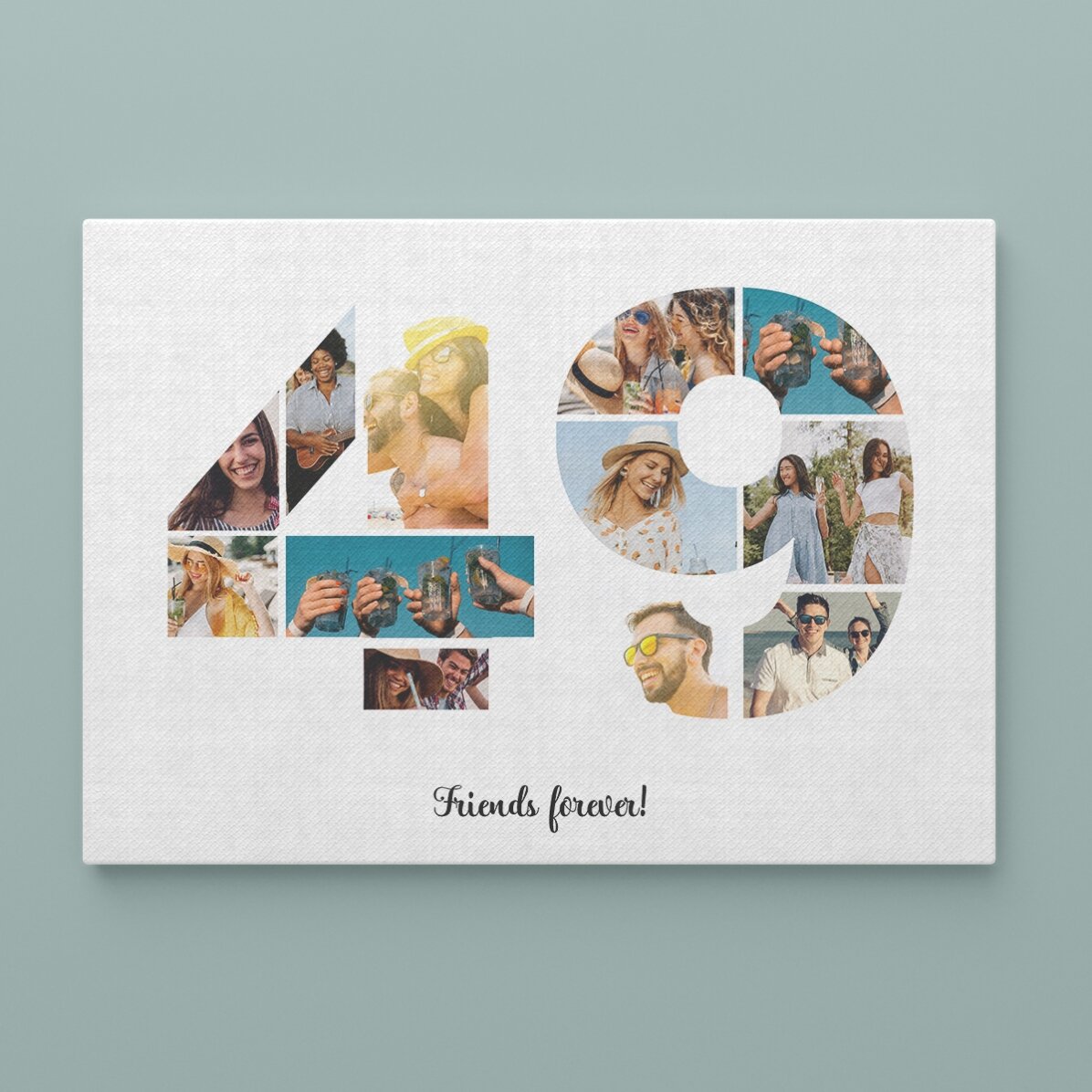 Personalised landscape canvas with 12 photos, model number 49, and text message