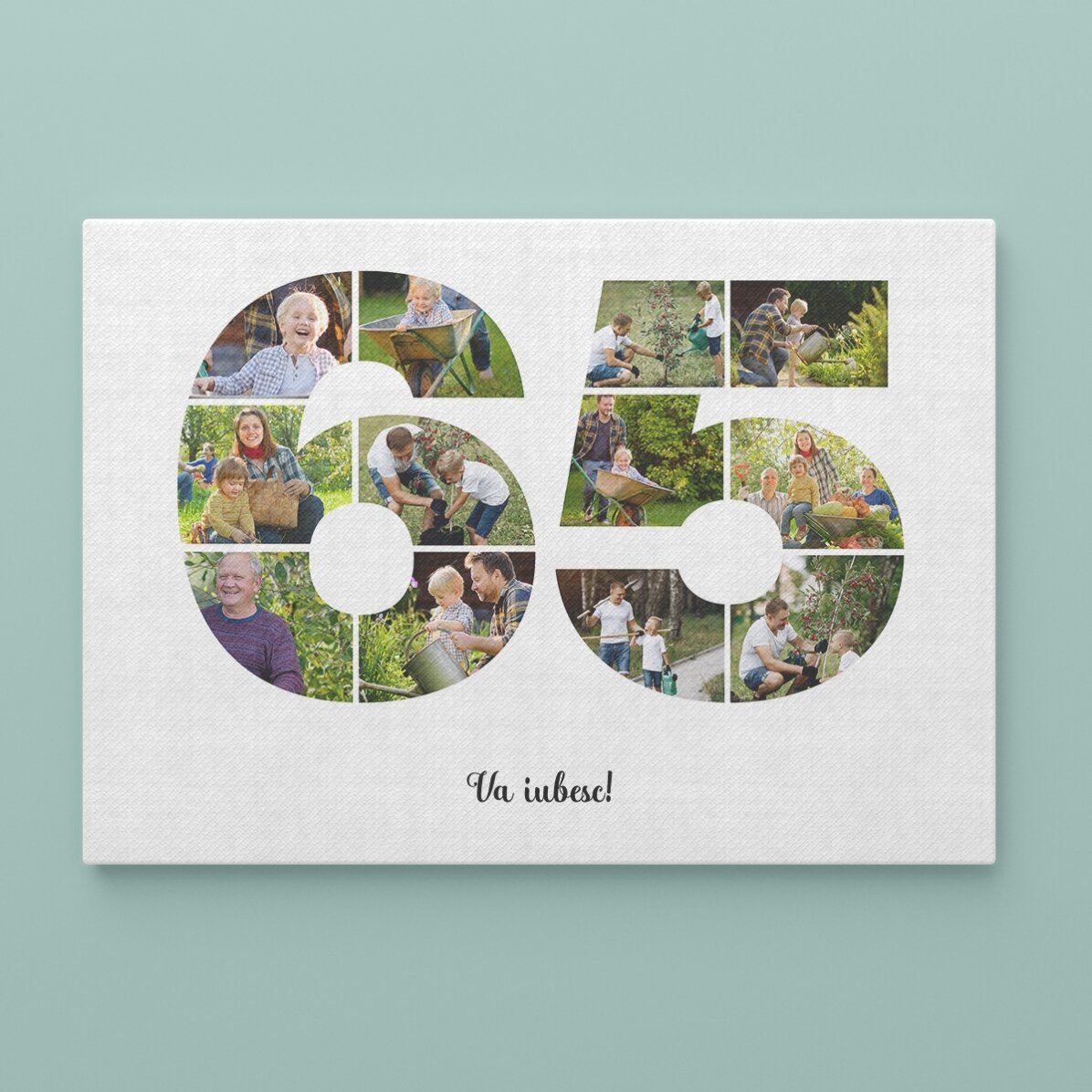 Gepersonaliseerd landschapsschilderij met 12 foto’s, model nr. 65 en tekstbericht