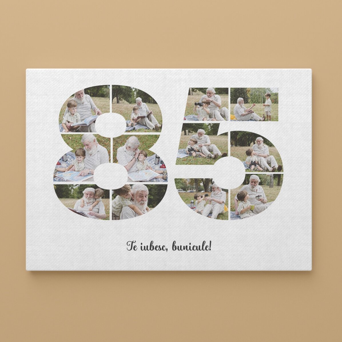 Personalised landscape canvas with 12 photos, model number 85, and text message