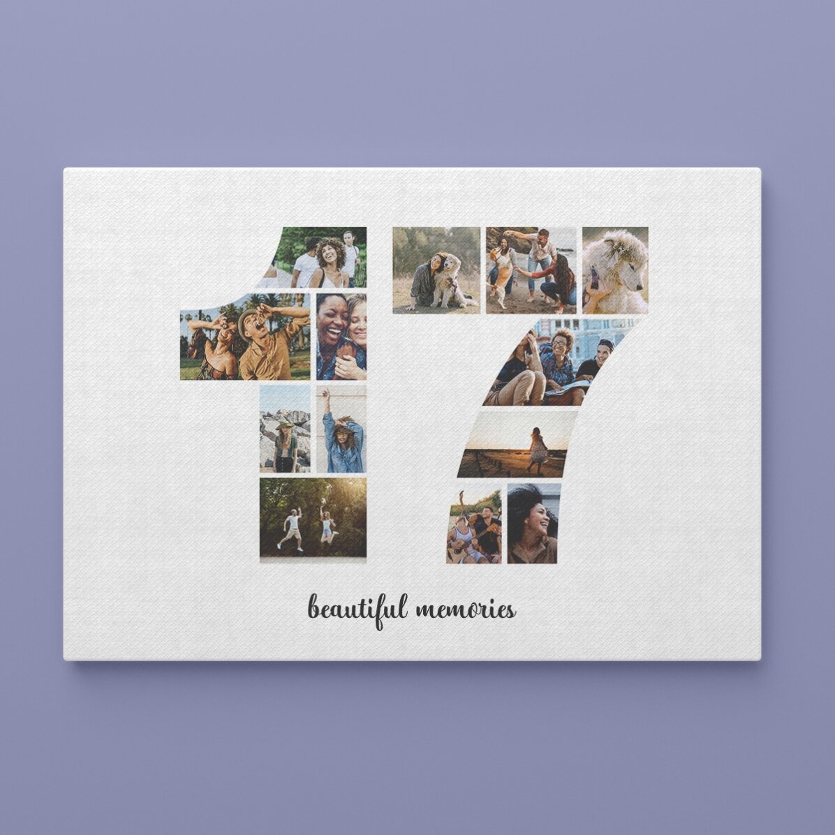 Personalised landscape canvas with 13 photos, model number 17 and text message