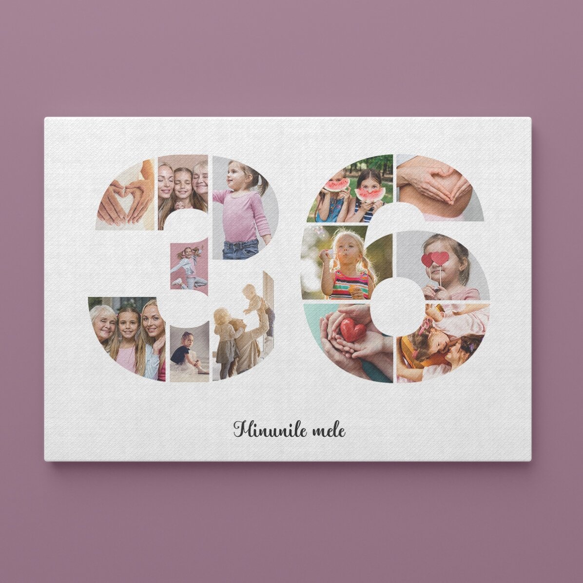 Personalised landscape canvas with 13 photos, model number 36, and text message