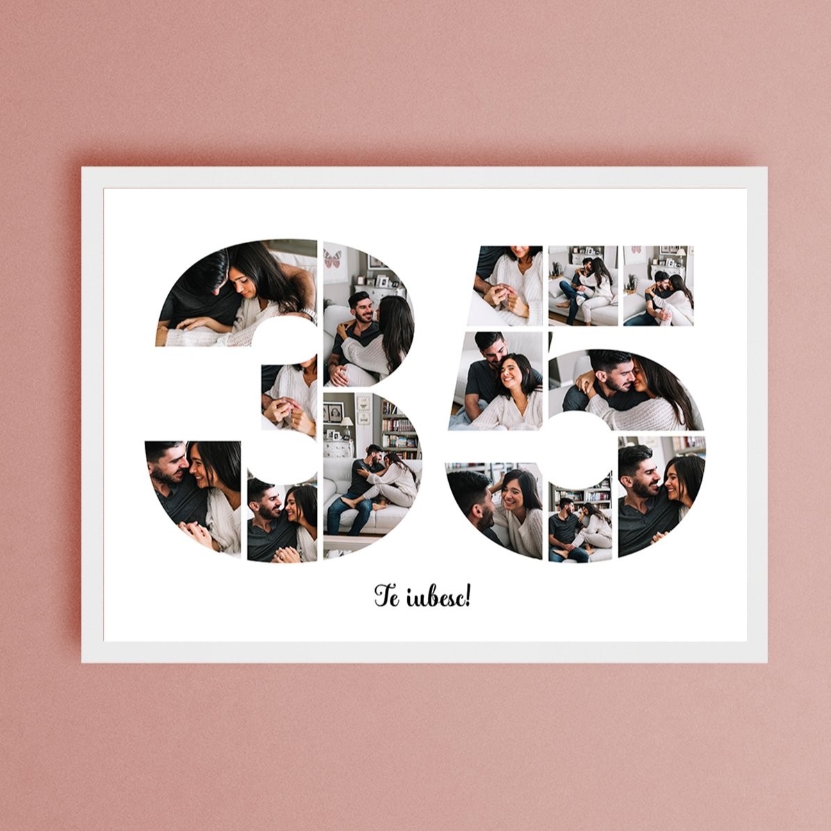 Personalised landscape canvas with 14 photos, model number 35, and text message