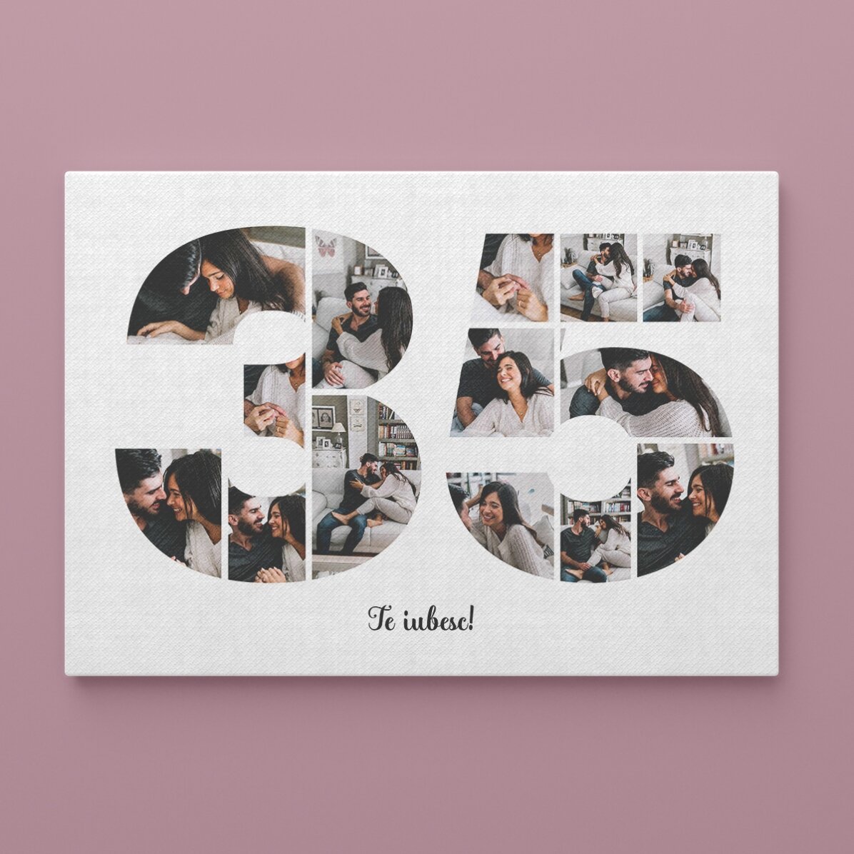 Personalised landscape canvas with 14 photos, model number 35, and text message